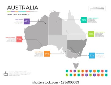 Australia map infographics with editable separated layers, zones, elements and district area in vector