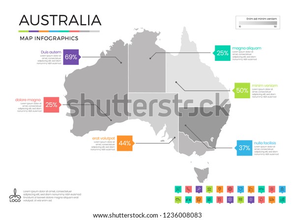 オーストラリアの地図 インフォグラフィックスで ベクター画像で分割された編集可能な画層 ゾーン エレメント および地区領域を使用 のベクター画像素材 ロイヤリティフリー