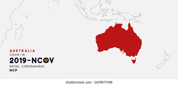 Australia Map infographics, Localization of the outbreak of Virus Covid 19. Novel Coronavirus (2019-nCoV). China pathogen respiratory coronavirus 2019-nCoV. nCoV denoted is single-stranded RNA virus.