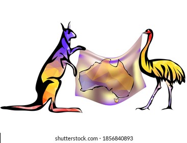 australia map with kangaroo and ostrich on white background