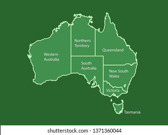 Australia map land area vector with state names on green background illustration
