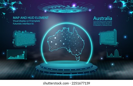 australia Karte heller verbindender Hintergrund. abstrakte digitale Technologie UI, GUI, futuristische HUD Virtual Interface mit australia Karte. Stage futuristisches Podium in Nebel.