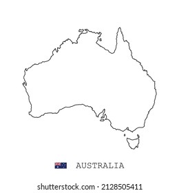 Línea de mapa de Australia, contorno simple del vector delgado lineal y bandera. Negro sobre fondo blanco