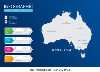 Australia map with location pointer marks. High detailed country map with division, cities and capital infographic template. Vector illustration EPS10