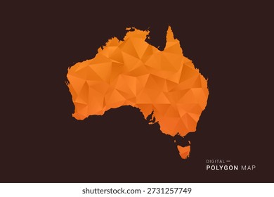 Australia Map - low poly polygon vector, geometric triangulated silhouette in orange and dark brown tones, clean modern infographic style, isolated background.