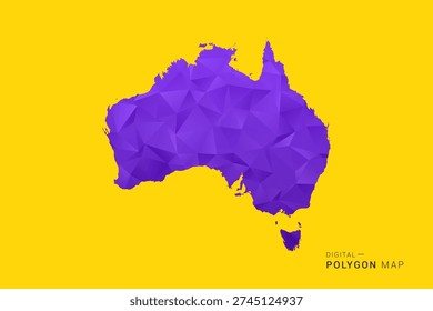 Australia Map - Low poly polygon map in vibrant purple gradient on bold yellow background, modern minimal geometric style, clean digital vector illustration.