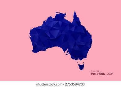 Australia Map - Low poly polygon map in deep blue gradient on soft pink pastel background, modern minimal geometric design, clean digital vector illustration.