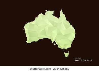 Australia Map - Low poly polygon map in soft light green gradient on dark brown background, modern minimal geometric style, clean abstract vector illustration design.
