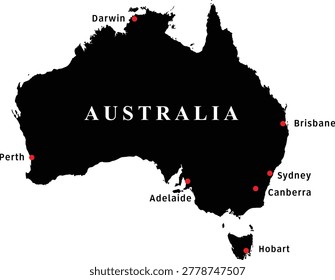 Australia Map with Major City Locations Perth Darwin Adelaide Brisbane Sydney Canberra and Hobart Editable Cartography Illustration