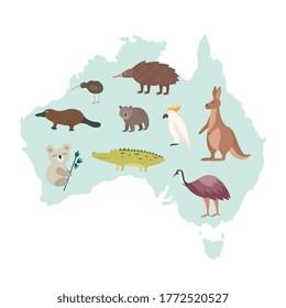 Australia map with national animals - cartoon kangaroo, koala, dodo and other famous Australian wildlife fauna on country silhouette. Isolated vector illustration.