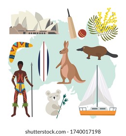 Australia map with national symbols and culture elements - animals, Sydney opera house, indigenous person and objects. Vector illustration.