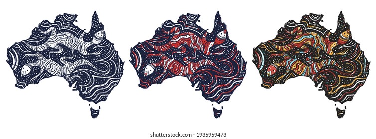 Australia map. Old school tattoo vector art. Hand drawn cartoon character set. Isolated on white. Traditional tattooing style. Ethnic australian tribe style