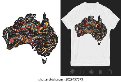 Australia map. Old school tattoo vector art. Ethnic australian tribe style. T-shirt design. Creative print for clothes. Template for posters, textiles, apparels