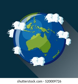 Australia Map On Planet Earth, View From Space. Australia Globe Icon. Planet Earth Map With Blue Ocean, Green Continents And Clouds Around. Science For Kids. Cartoon Style  Flat Vector Illustration.