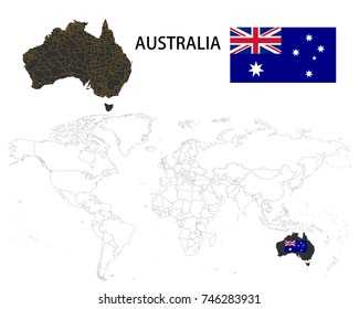 Australia map on a world map with flag on white background.