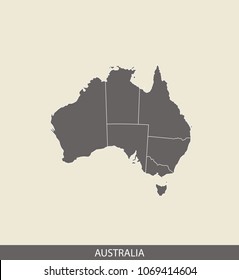 Australia map outline vector illustration in gray background. Borders of all states or provinces or territories are included on this map.