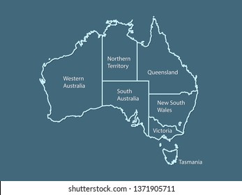 Australia map outline vector with state names on blue background illustration