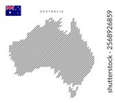 Australia map from pattern of black slanted parallel lines. Australian map with gray diagonal lines. Silhouette of a country made of oblique hatching. Vector illustration isolated on white.