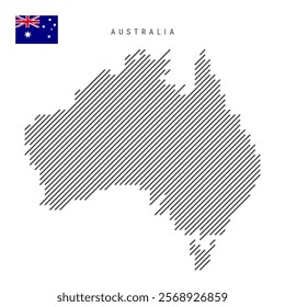 Australia map from pattern of black slanted parallel lines. Australian map with gray diagonal lines. Silhouette of a country made of oblique hatching. Vector illustration isolated on white.