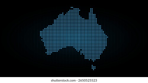 Australia map in pixel art style shines in light blue tones against a dark backdrop, offering a modern tech-inspired representation of the continent with digital square shapes and clean lines
