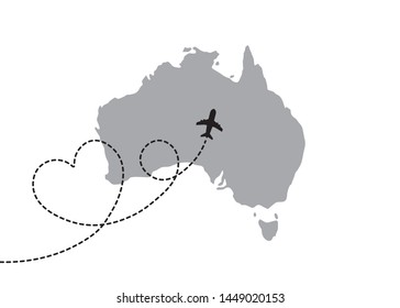 Australia Map with a Plane Flying on a Heart Shaped Dotted Route