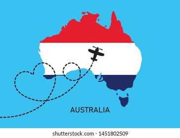 Australia Map with a Plane Flying on a Heart Shaped Dotted Route