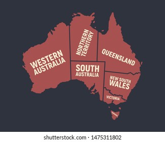 Australia map. Poster map of Australia with state names. Australian background. Vector illustration