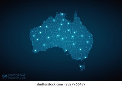 Australien kartiert radiale gepunktete Muster im futuristischen Stil, Design blauer Kreis leuchtend Umriss aus Sternen. Kommunikationskonzept auf dunkelblauem Hintergrund. Vektor EPS10