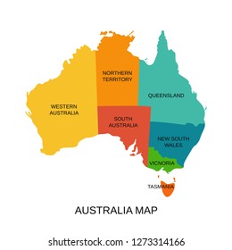 Australia map with regions. Vector. Australian state Western, South Australia, Northern territory, Queensland, New South Wales, Victoria, Tasmania. Color illustration. Simple flat design.