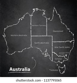 Australia map separate region individual names blackboard chalkboard vector