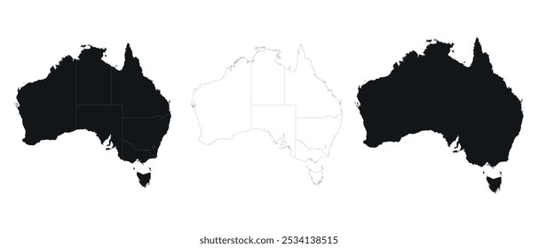 Conjunto de mapas da Austrália Vetor, isolado no fundo branco, mapa da Austrália preto e contorno 