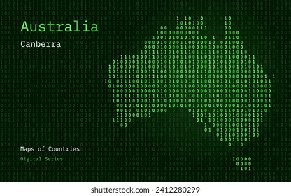 Australia Map Shown in Binary Code Pattern. Matrix numbers, zero, one. World Countries Vector Maps. Digital Series