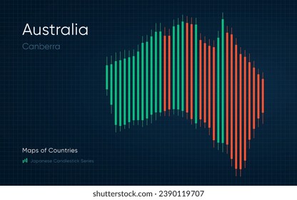 Australia map is shown in a chart with bars and lines. Japanese candlestick chart Series