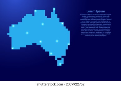 Australia mapea la silueta desde píxeles cuadrados azules y estrellas brillantes. Ilustración vectorial.