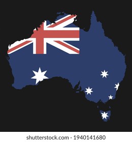 Australia map silhouette with flag on black background