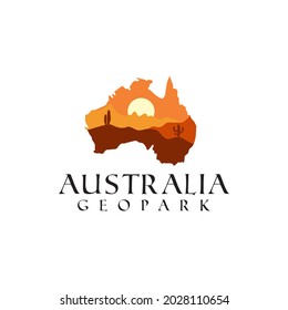 Australia map sunset landscape background cactus mountain vector logo design