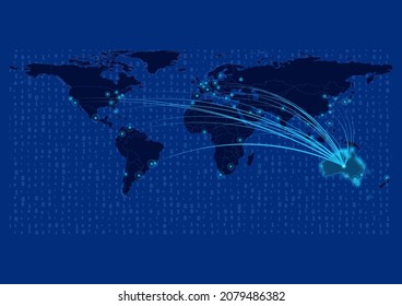 Australia map for technology or innovation or export concepts. Connections of the country to major cities around the world. File is suitable for digital editing and prints of all sizes.