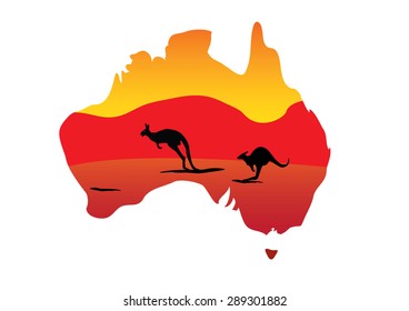 Australia map and two hopping kangaroo on white background