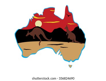Australia map and two hopping kangaroo