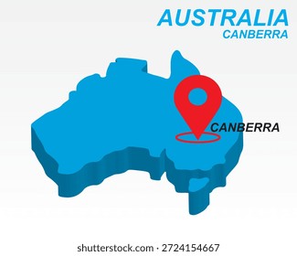 Australia Map Vetor, Canberra Capital Marker on Blue 3D Continent Shape, Australia Infographic Design, Editable Destination Pointer Australia Geografia