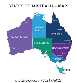 Australien Karte Vektorgrafik, administrative politische Farbkarte, Karte von Australien, Staaten und geografische Grenzen, einzeln, Silhouetten, Infografik flache Vektorgrafik Karte eps 10 Bild