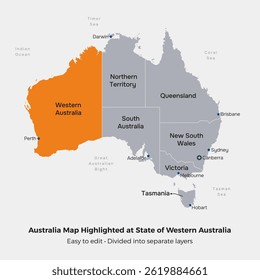 Australia Map Vector Illustration, Highlighted at Western Australia State