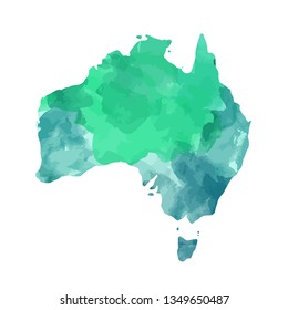 Australia map. Vector illustration with watercolor imitation is in green and mint colors isolated on white background.