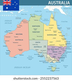 Australia Map Vector New 2024 Colorful - Customizable layered political map of Australia with administrative divisions for website, education, reports, news, politics, print, poster and wallpaper