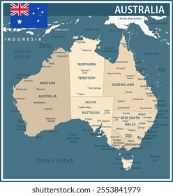 Australia Map Vector Vintage Dark Blue Beige - Customizable layered political map of Australia with administrative divisions for website, education, reports, news, politics, print, poster and wallpap