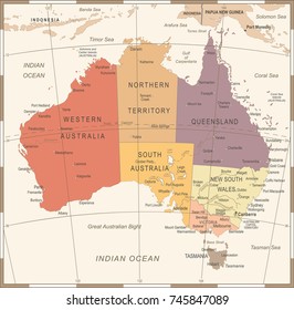 Australia Map - Vintage Detailed Vector Illustration