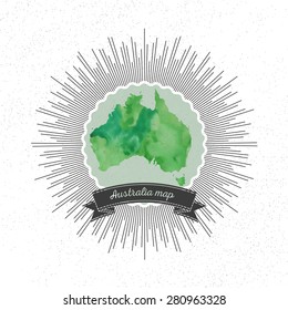 Australia map with vintage style star burst, green watercolor background, retro element for your design.