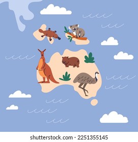 Australia map with wild Australian animals. Wildlife, fauna, mammals on South. Cute kangaroo, emu ostrich, koala bear, platypus, wombat with sea, ocean around. Childish flat vector illustration