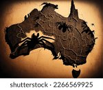 Australia map with wild nature, giant spiders snakes and crocodile, scary nature