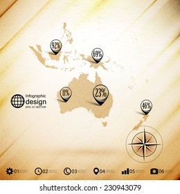 Australia map, wooden design background, infographics vector illustration.